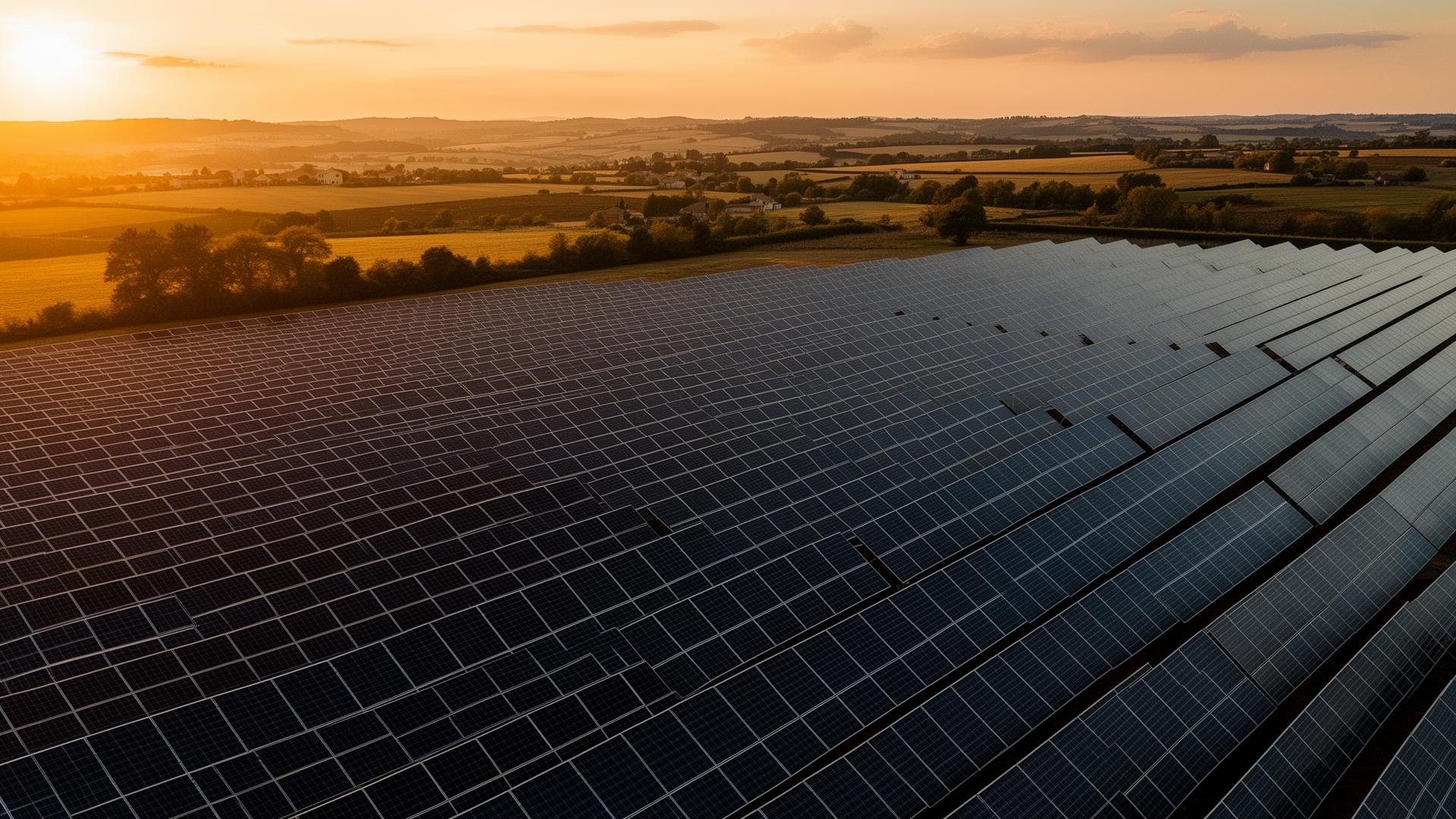 Utility-scale solar PV power plant at golden hour